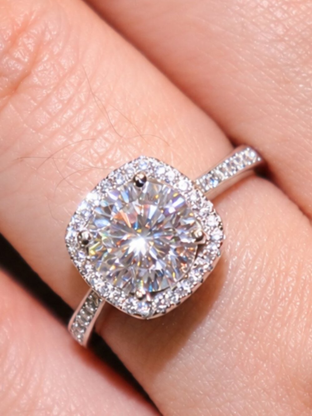 2CT Cushion Halo Moissanite Ring | 925 Sterling Silver Adjustable